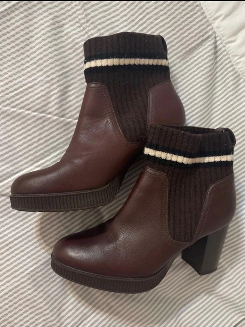 Flexi Brown Leather Ankle Boots with Ribbed Knit Cuff and Cream Stripe